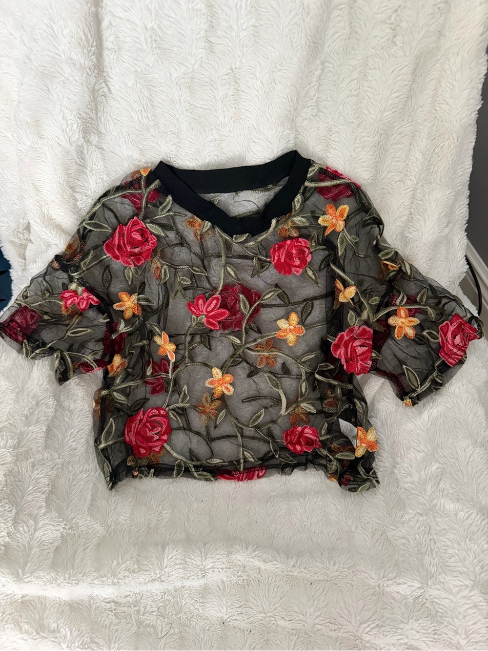 Black Sheer Floral Embroidered Crop Top with Red Roses